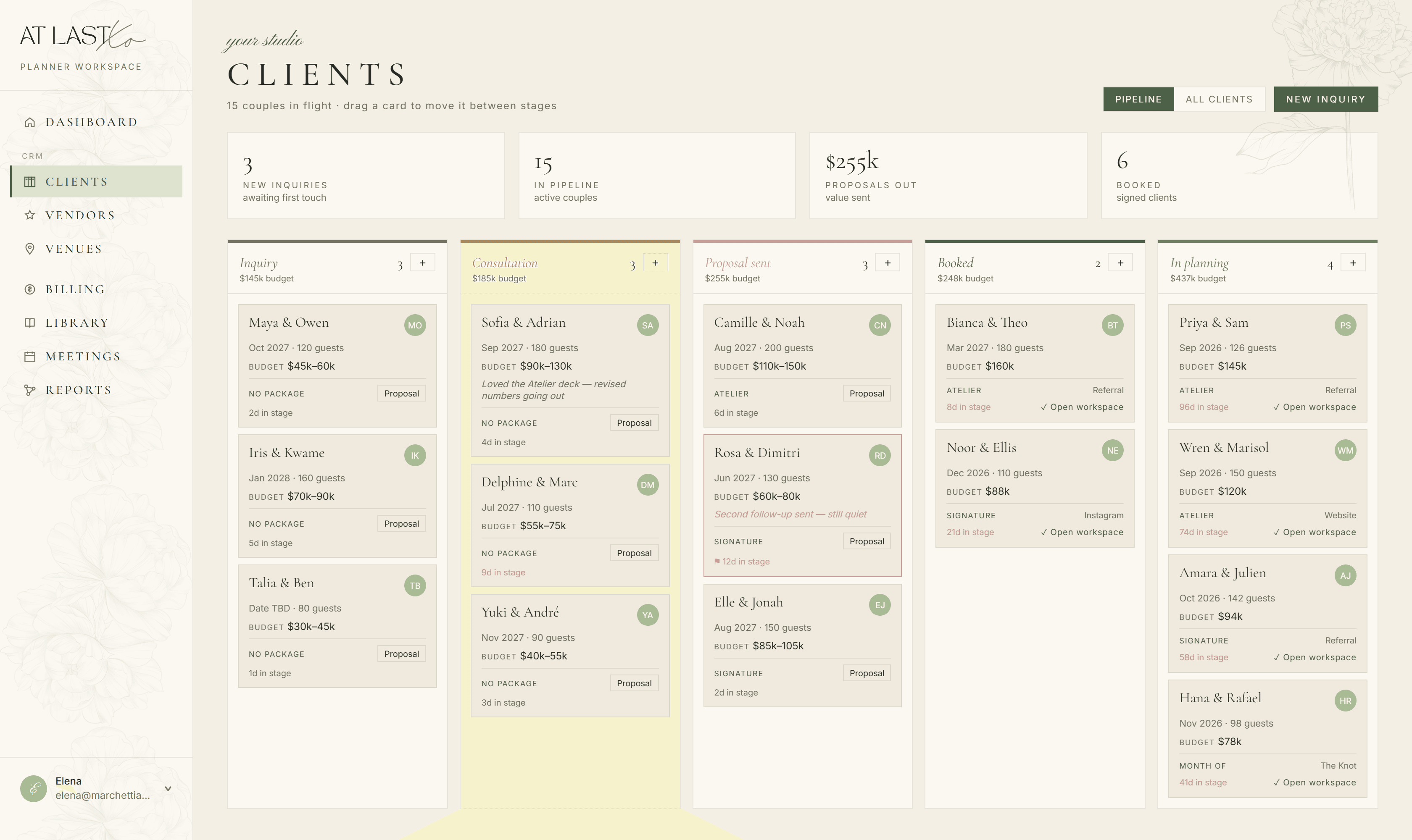 A client pipeline board with couples arranged across five stages from inquiry through to in planning.